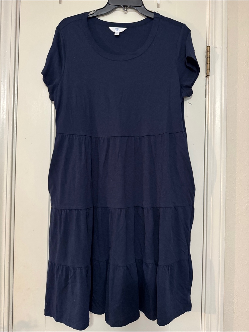 Navy Tiered Short Sleeve Midi Dress